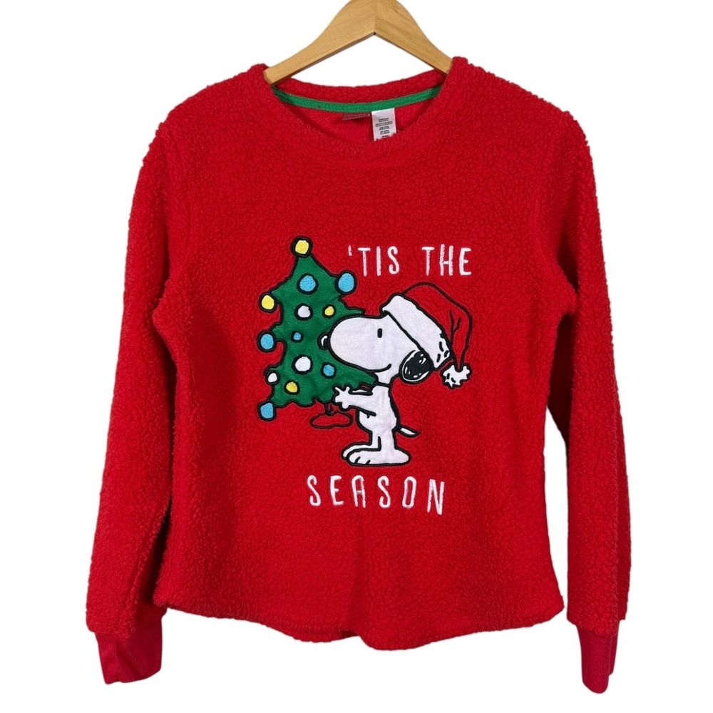 Peanuts Women's Red Snoopy Christmas Tree 'Tis the Plush Fleece Sweater Sz M